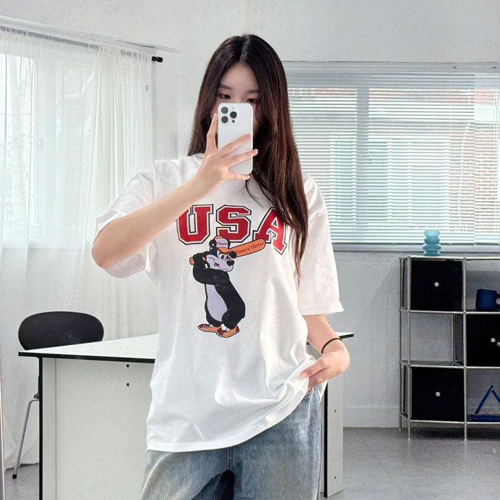 [XS-3XL] W USA베어 레터링 오버핏 반팔 티셔츠 남녀공용 6color W