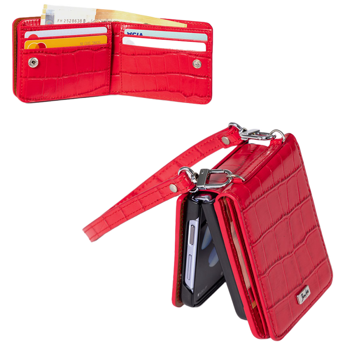 본아띠 RIVERA 천연소가죽 악어 크로커다일 힌지보호 카드 지폐 수납 지갑 갤럭시 Z플립 케이스