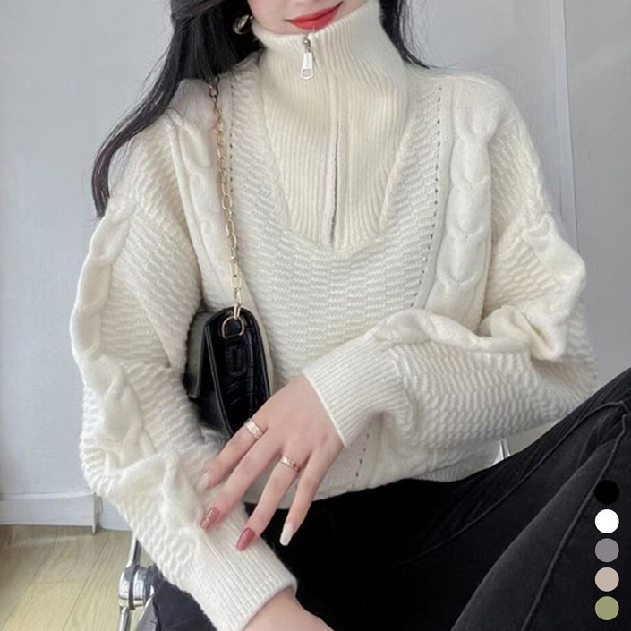 메이첼 여성용 반집업 하이넥 케이블 숏 니트 04016