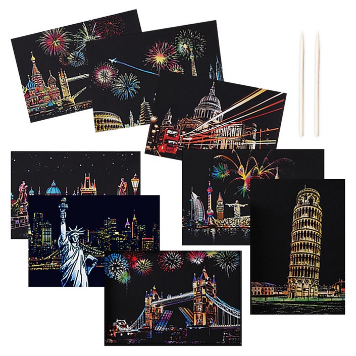 로모주 야경 스크래치북 엽서 카드 DIY 컬러링북 카드 8p  우드스틱 2p 세트, 유럽 모음, 클래식 건축물 야경카드, 1세트