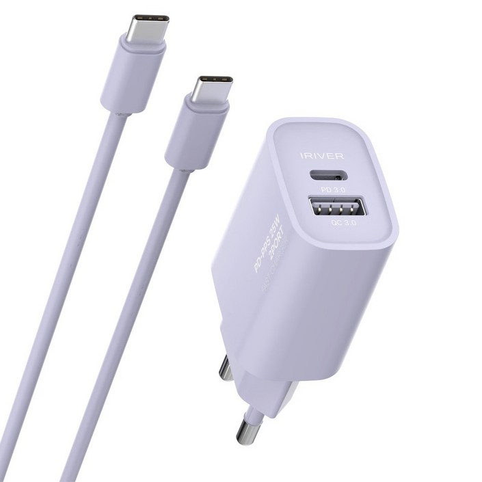 아이리버 25W 2포트 초고속 가정용 충전기 + CtoC 케이블 세트, 퍼플, 1세트