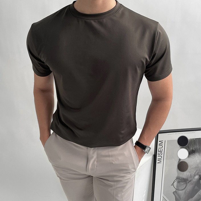 남자다잉 남성용 글로시 머슬핏 스판 반팔 티셔츠