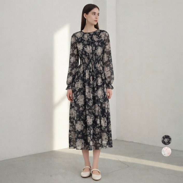 에이비에프지 여성용 플라워 스모킹 쉬폰 원피스 AFY1HO38