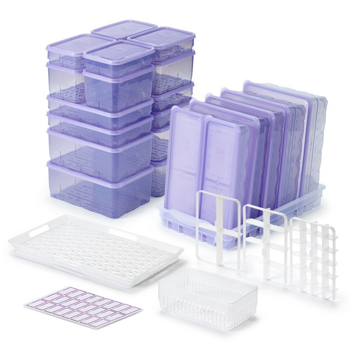 땡스소윤 냉동실 전용 밀폐용기 29p 세트 쿨라벤더 용기22P채반2종칸막이3종트레이1종견출지1팩