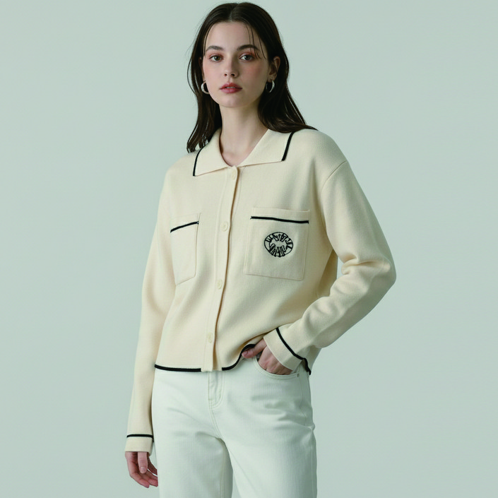 올리브데올리브 여성용 라인배색 포켓카라 니트 가디건