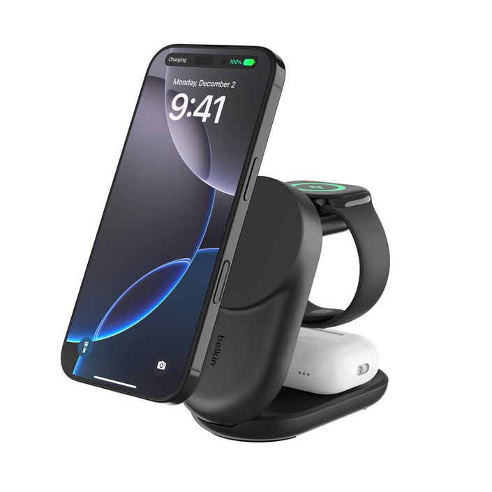 벨킨 울트라차지 3in1 Qi2 25W 폴더블 마그네틱 무선 초고속 충전기 WIZ037kr, 블랙WIZ037krBK, 1개