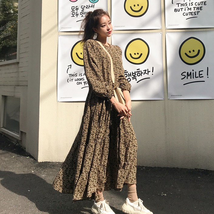 헤링본 긴팔 플라워 쉬폰 플레어 앤틱 롱 원피스 HD025