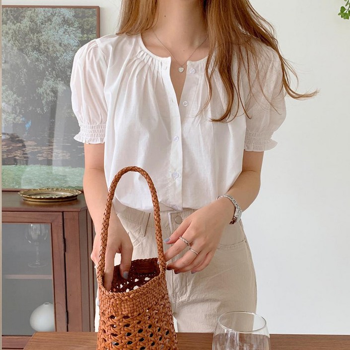 더시럽 여성용 러블리 플리츠 퍼프 반팔 블라우스