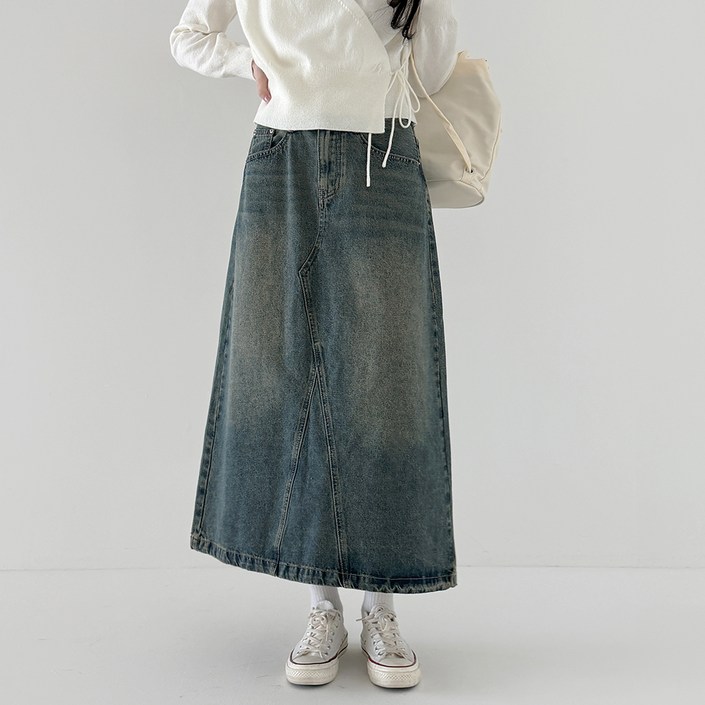 라라온 기본숏 기장 2단 빈티지 워싱 A라인 롱 데님 스커트 25TSP3373