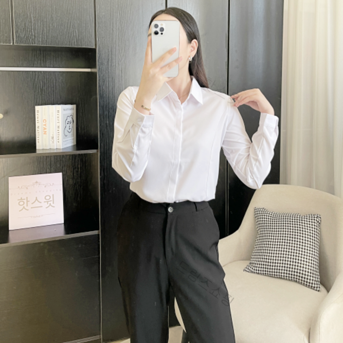 핫스윗 히든버튼 화이트 셔츠 가슴벌어짐 방지 긴팔 블라우스귀걸이헤어밴드 포함