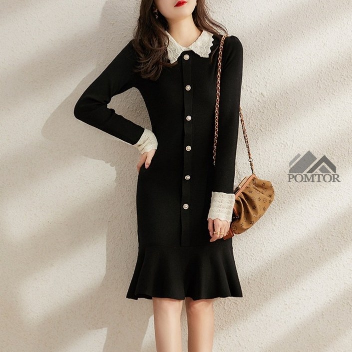 POMTOR 여성 프렌치 A라인 슬림핏 날씬해  니트 원피스 하객룩