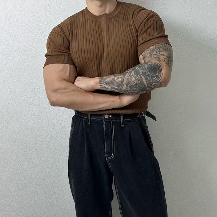 BIKASU 남자 여름 반팔티 머슬핏 라운드 티셔츠 부드러운 니트 반팔