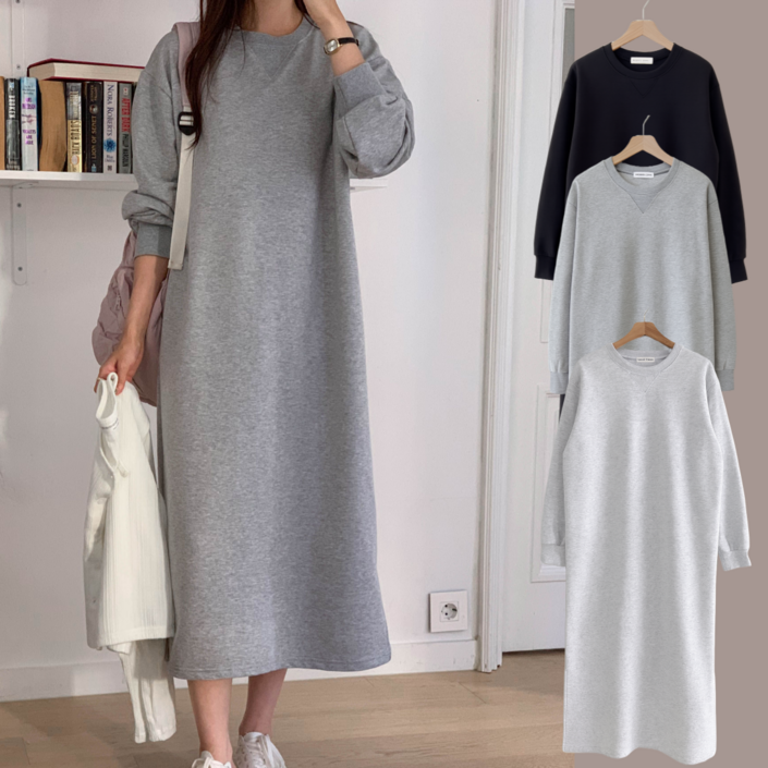 LIONHU 국내제작 루즈핏 티 맨투맨 롱원피스 무지 데일리 홈웨어 간절기 원마일웨어