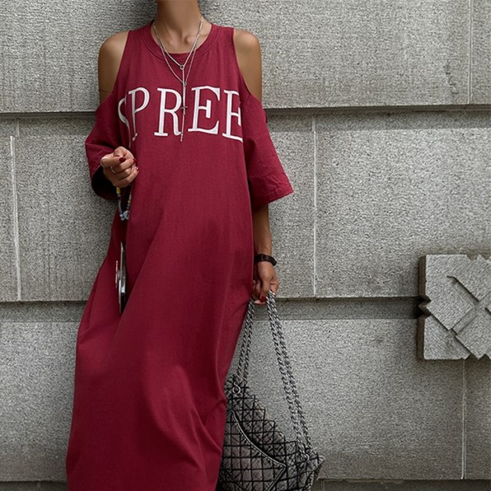 디자인 오프숄더 레터링 슬림핏 원피스 여성 쿨한 라운드 매력적이 독특한 예쁜 이완감 루즈핏 나시 원피스