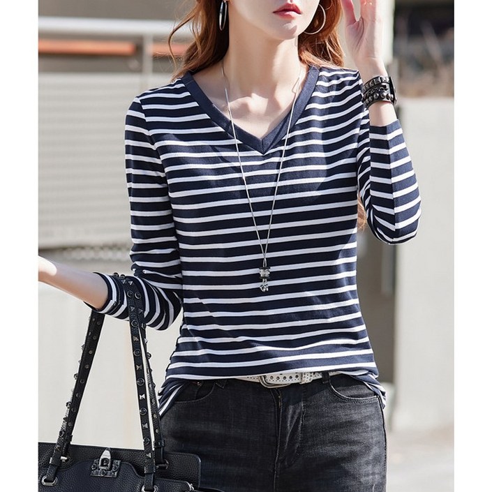 퓨어디아 여성 스트라이프 브이넥 데일리 줄무늬 긴팔 티셔츠 YB88