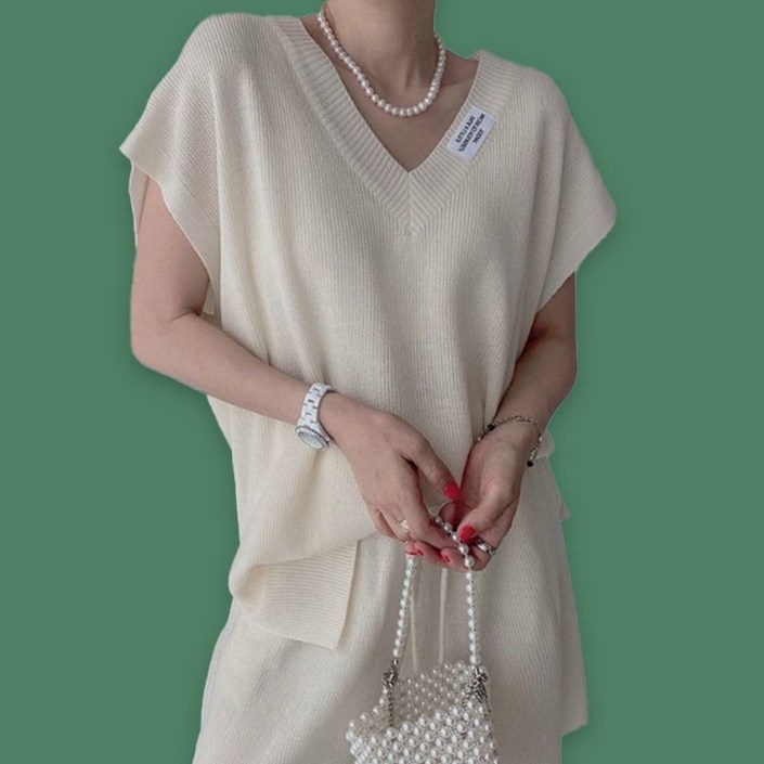 여성 니트 셋업 나시 반바지 여름 투피스 세트 ivory_405EA