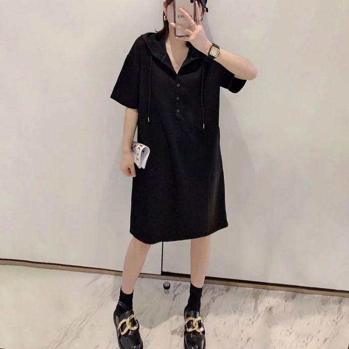 애띠앙 박시 후드 반팔 원피스 여름 여행룩 롱원피스