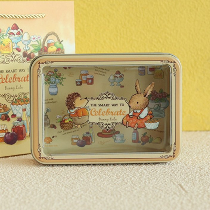 철제 틴케이스 소품함 토끼 일러스트 투명 사각 캐릭터 선물 포장 틴박스 수납함 보석함, 03 : 옐로우토끼, 1개
