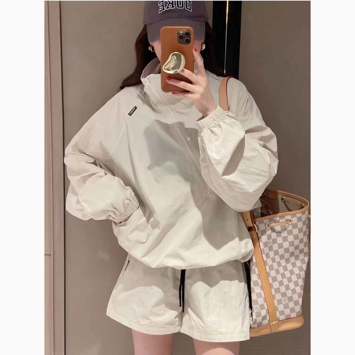 여성 자외선차단 반집업 맨투맨 반팬츠 투피스 캐주얼 트레이닝 반바지 세트 루즈핏