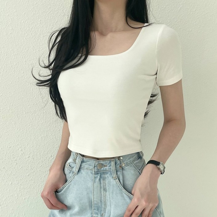 핏보장기본템 비침방지 고퀄리티 면 스판 스퀘어넥 크롭 반팔 기본티