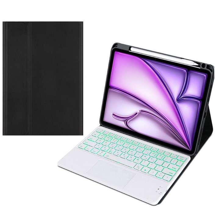 아이패드 애플펜슬 수납 led트랙패드 블루투스 키보드케이스, 검정콤비