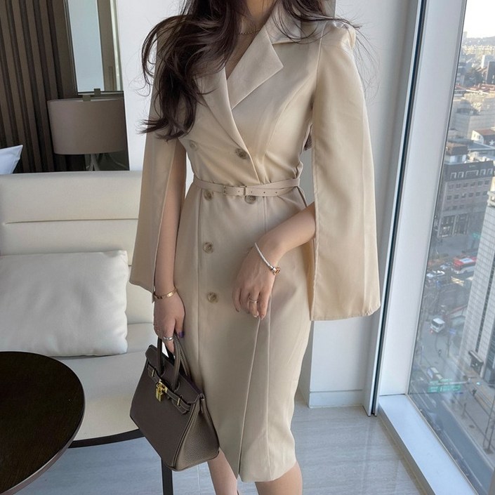 천하오 여성 정장 더블 소매 슬림핏 트렌치 원피스 TZ386