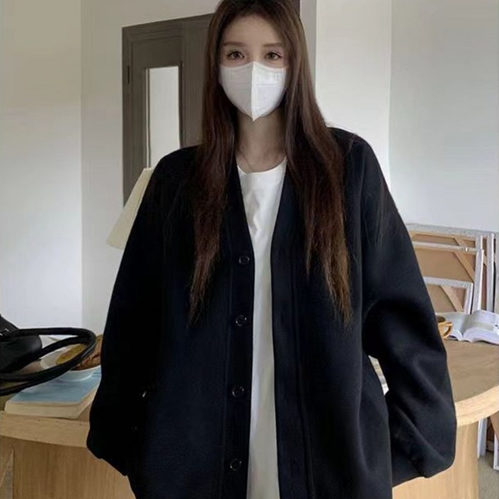 여성 캐주얼 V넥 오버핏 카디건 부드러운 면 소재 심플한 데일리 카디건