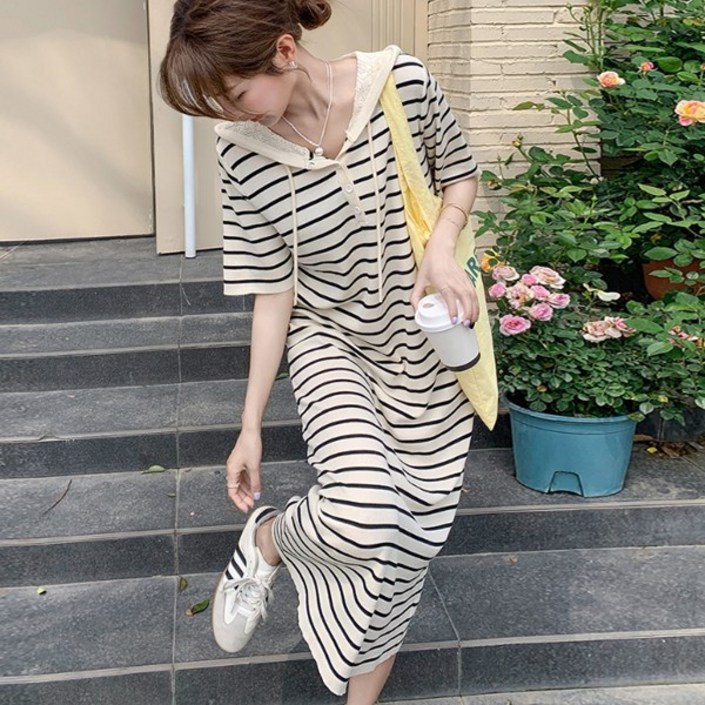 패션라인 BL10130_노말스트라이프롱원피스/여름롱원피스/스트라이프후드원피스/루즈핏롱원피스/반팔롱원피스/캐주얼롱원피스/여자롱원피스/여름데일리룩
