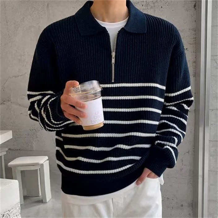 TKX 남자니트 카라넥 스트라이프 긴팔 스웨터 반집업 가을 겨울 캐주얼 스타일 KD97