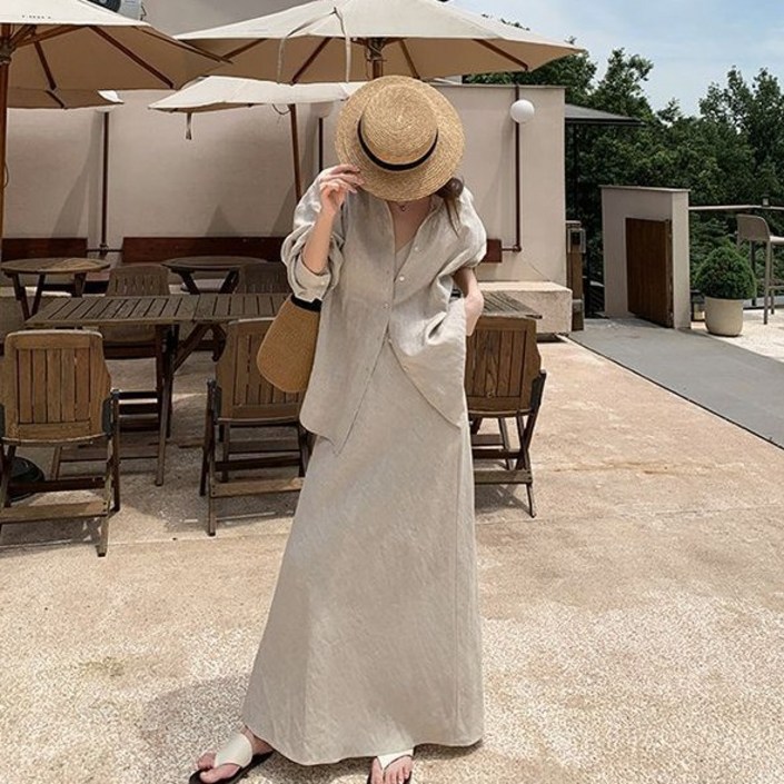 Akimu 여자 루즈핏 린넨셔츠 롱스커트 캐주얼 투피스