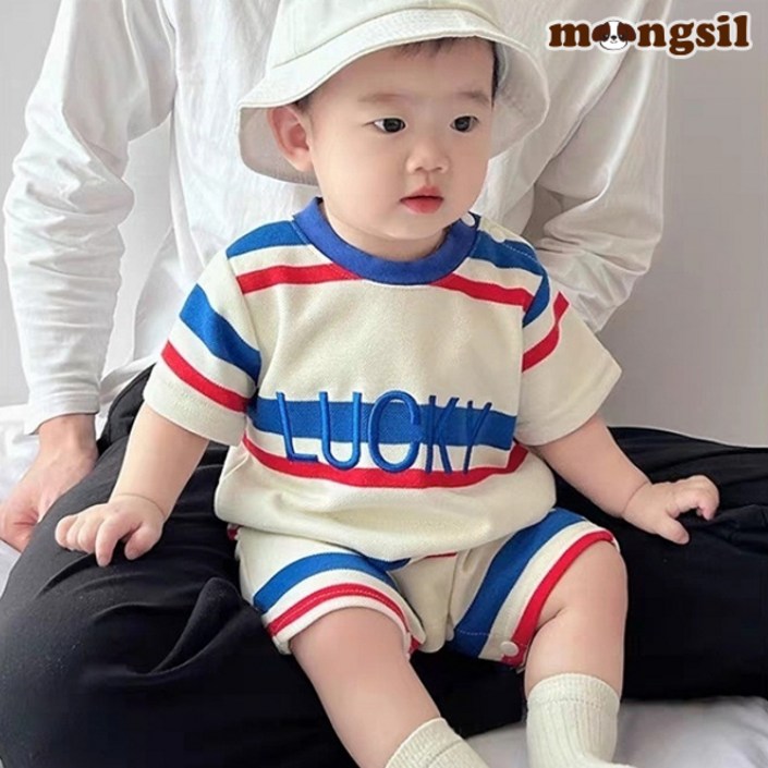 몽실이 럭키 스트라이프 반팔우주복 컬러라인 아기 여름 외출복 바디슈트