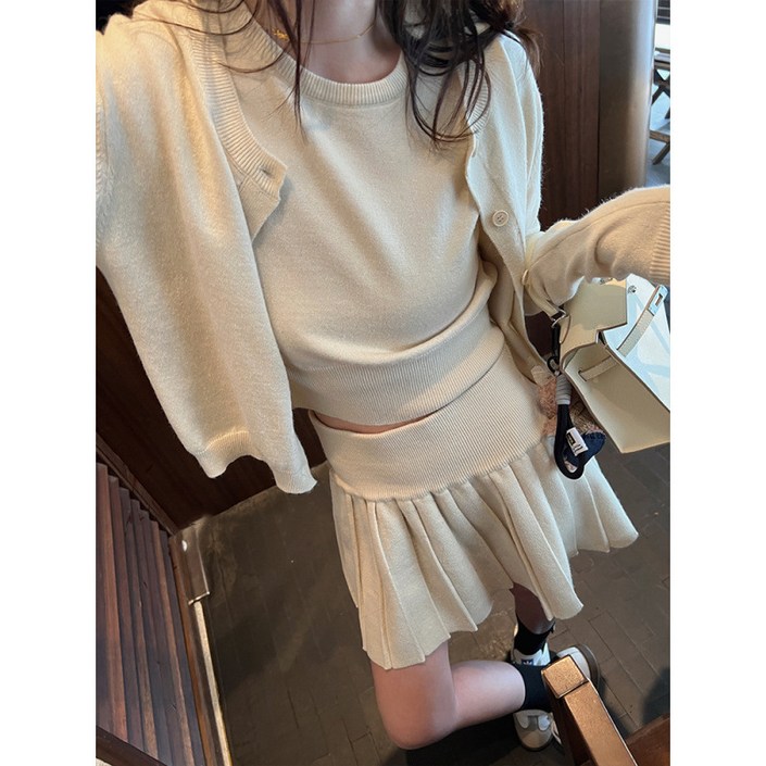 KDNC 여성 니트 플리츠 스커트 세트 빅사이즈 프리미엄 가을 가디건 니트 플레어 원피스 쓰리피스