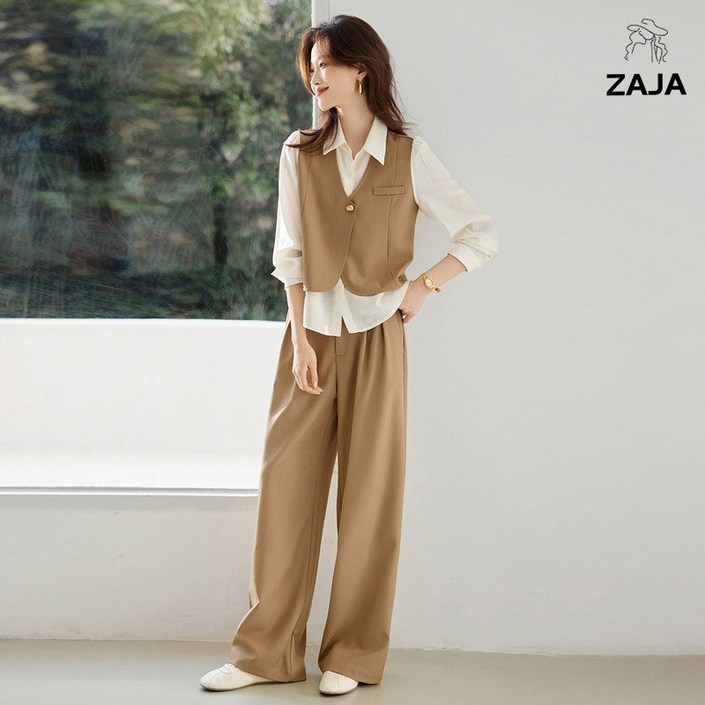 ZAJA 여성 투피스 캐주얼 긴팔 셔츠바지 오피스룩 수트 투피스