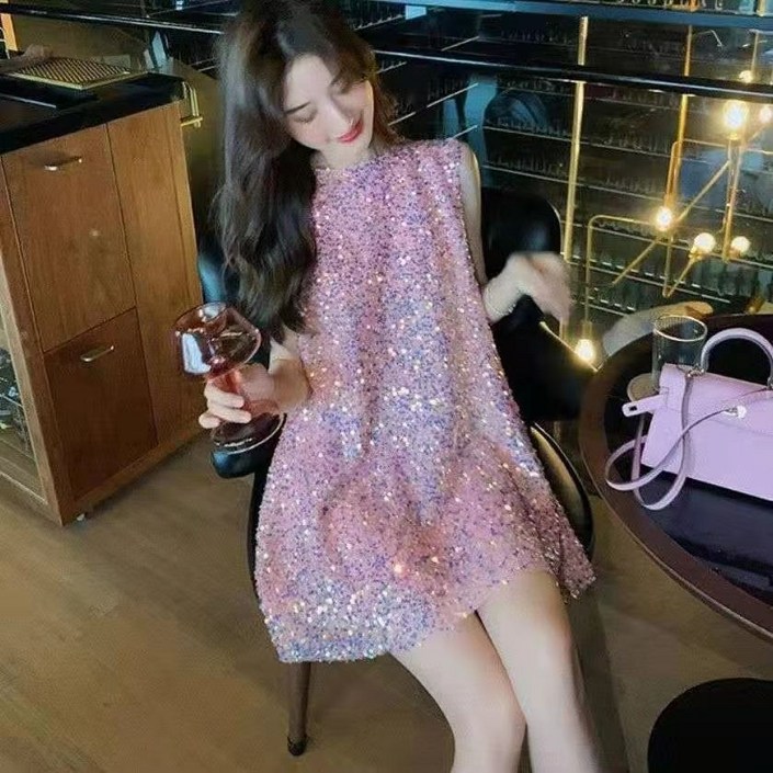 페이준 여성 여름 패션 민소매 원피스 스팽글 반짝이 루즈핏 A라인 라운드 블링블링 공연복 미니원피스 YF12A817