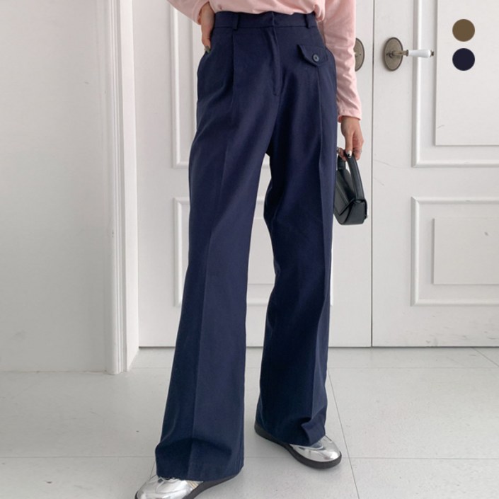 뜨개진 여성용 코튼 포인트 포켓 핀턱 와이드 팬츠 부아르슬랙스