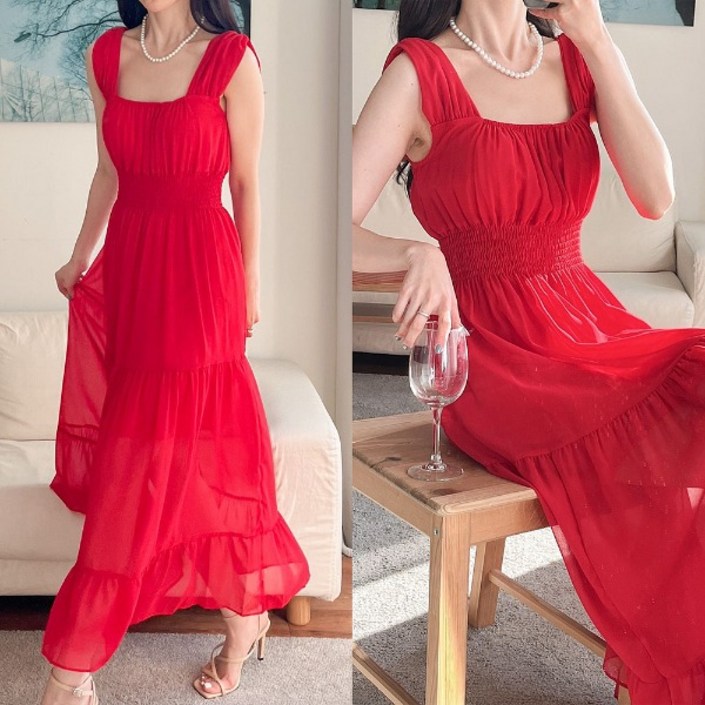 퍼니걸스 6387 스퀘어넥 쉬폰 나시 플레어 롱 원피스 여성의류