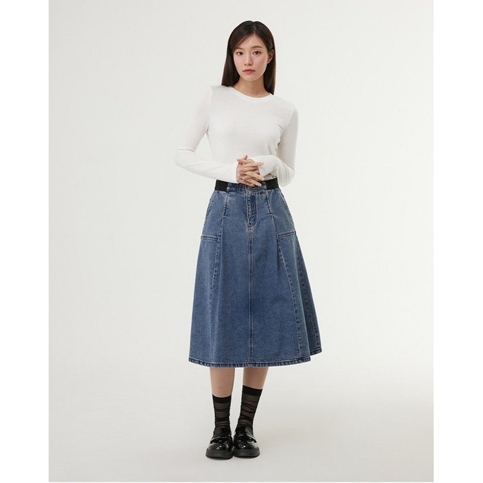 플라스틱아일랜드 허리반밴딩 데님 플레어 스커트 PR1DS231 689367
