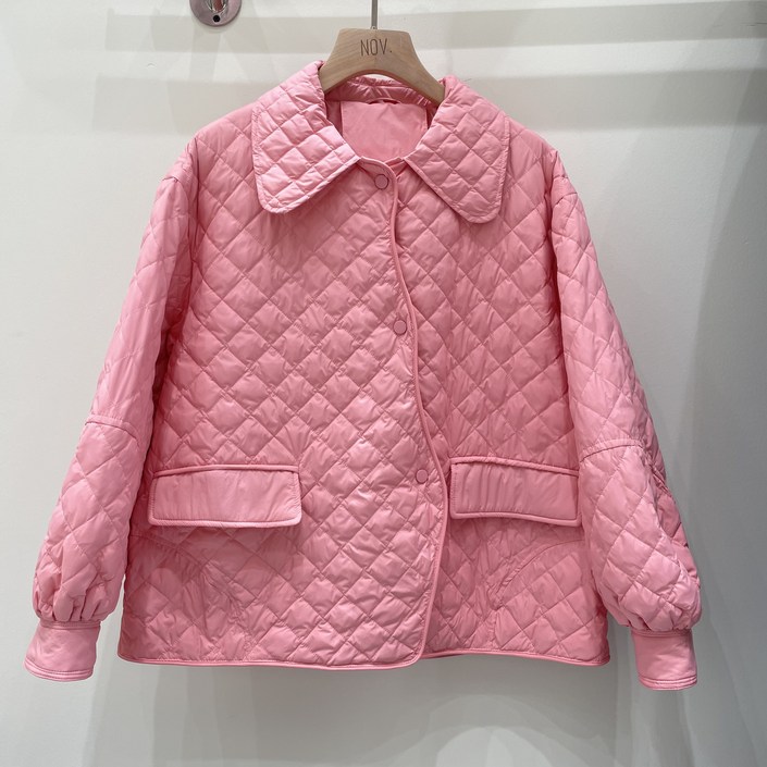 가을과 겨울을위한 짧은 라이트 다운 재킷2021한국 여성 캐주얼 느슨한 옷깃 다이아몬드 모양의 흰색 오리 다운 코트