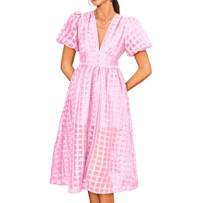 케이앤시 V넥 미디 드레스 여성용, 퍼프 슬리브 허리 격자 오르간자 드레스, 우아한 정장 결혼식 하객 의상