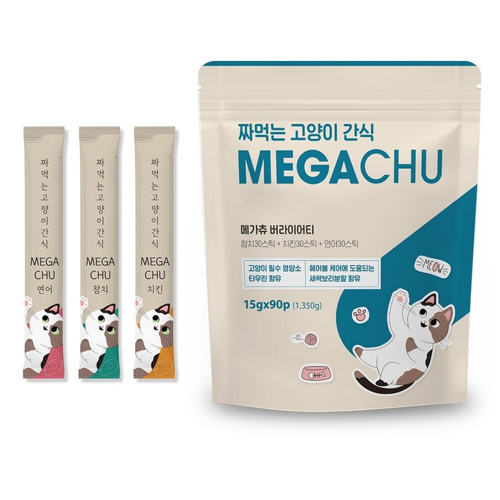 메가츄 짜먹는 츄르 고양이간식 90스틱 대용량, 2개, 90p, 15g, 연어치킨참치