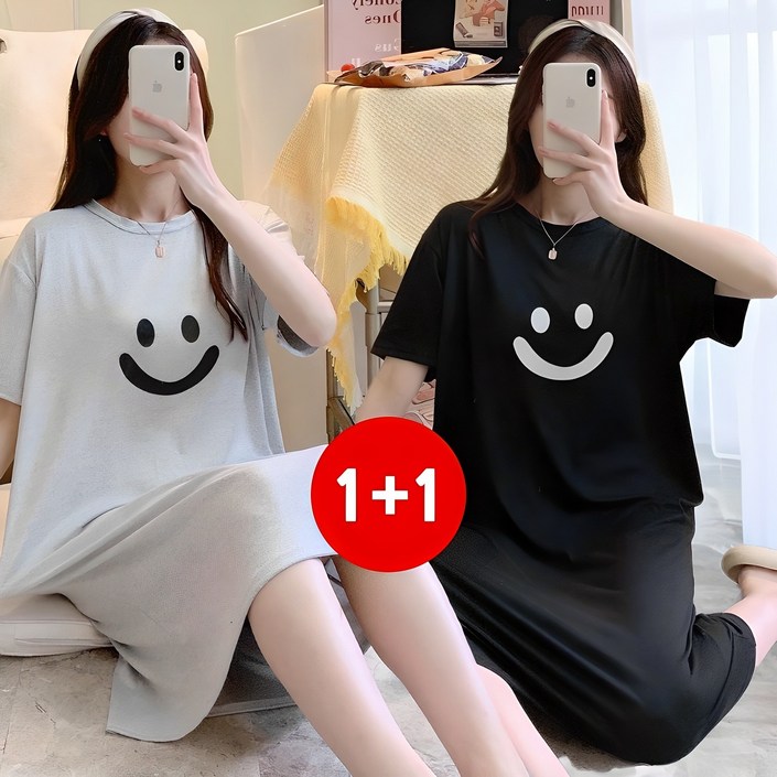 마쿠쿠 11 세트 스마일 여성 잠옷 홈웨어 원피스 반팔 롱 티셔츠