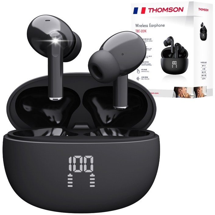 프랑스 톰슨 ENC 노이즈 캔슬링 LED 블루투스 6.0 이어폰 무선 방수, 블랙 TBE-201K