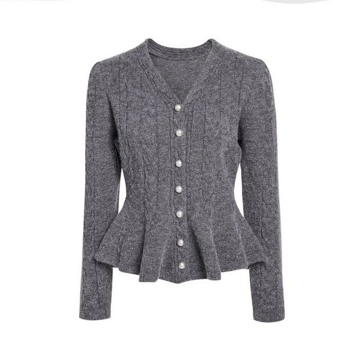 백화점 정품 JJ지고트 간절기 아가일 진주 플레어 금사 니트 가디건