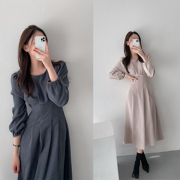 비비디아 Bibidia 여성 가을 정장 하객룩 롱 원피스 긴팔 라운드넥 롱 원피스(S~2XL)5424