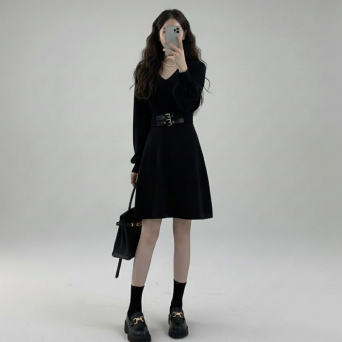 에쉬울프 빅사이즈 브이넥 슬림핏 정장룩 하객룩 롱 원피스