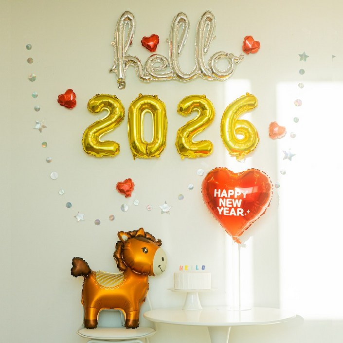 Hello 2026 풍선 헬로우 레드홀스 신년 연말 새해풍선 파티세트, 1세트, 2026 헬로우 레드홀스