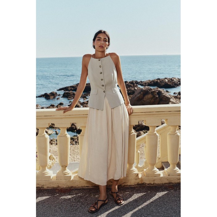 ZARA 플리츠 스커트 미디 뷔스티에 원피스 - 베이지 218359