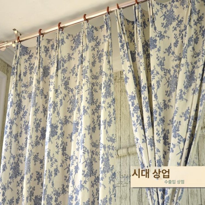 빈티지 커튼 블루 거실 레트로 꽃무늬 플라워 침실 가리개 쉬폰 꽃 인테리어