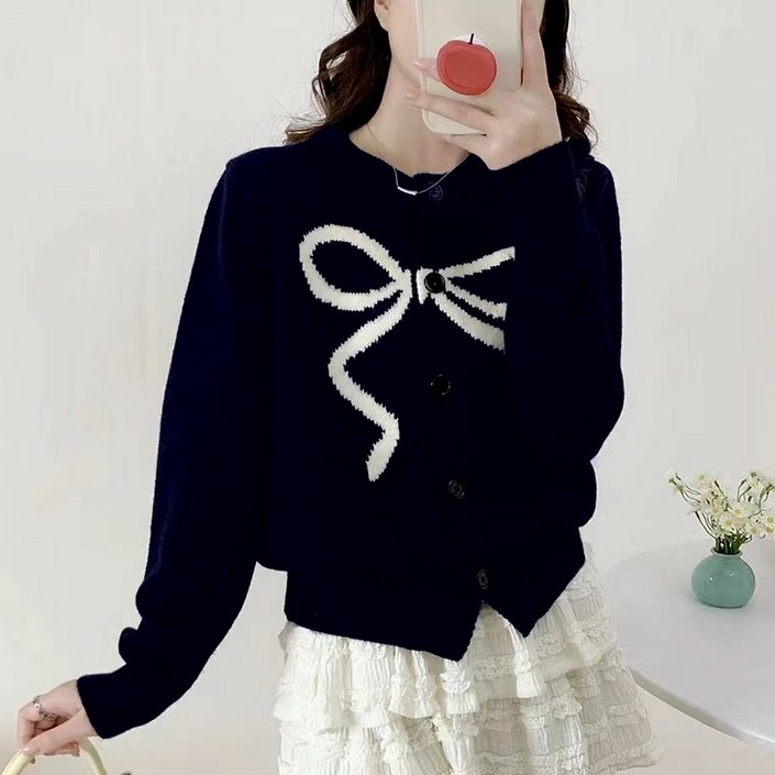 림블리 LB70381 빅 리본 라운드넥 니트 긴팔 가디건