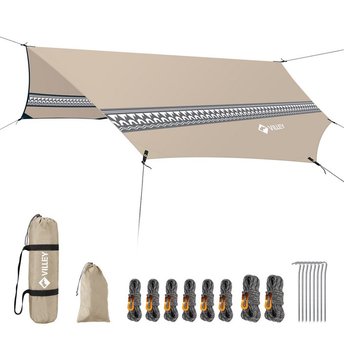 VILLEY 팔각형 다용도 방수 자와선 차단 캠핑 타프 24인용, 카키